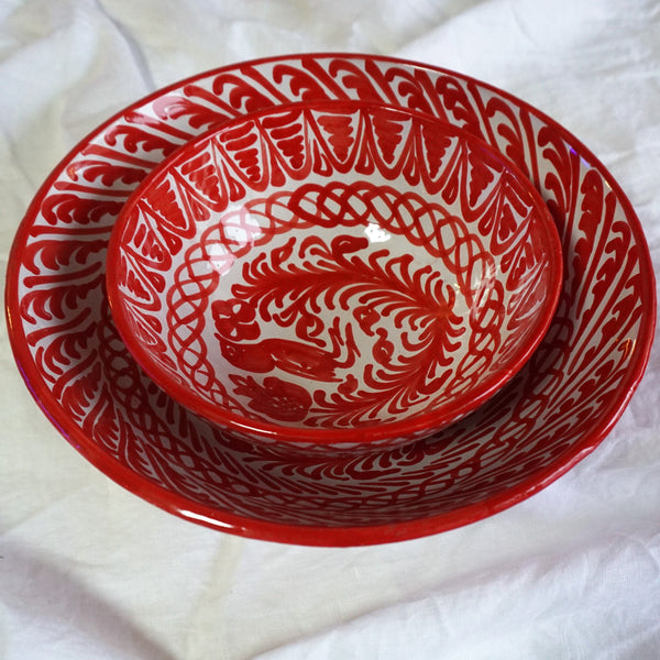 Handbemalte Keramikschale Blumen & Vögel - Rot