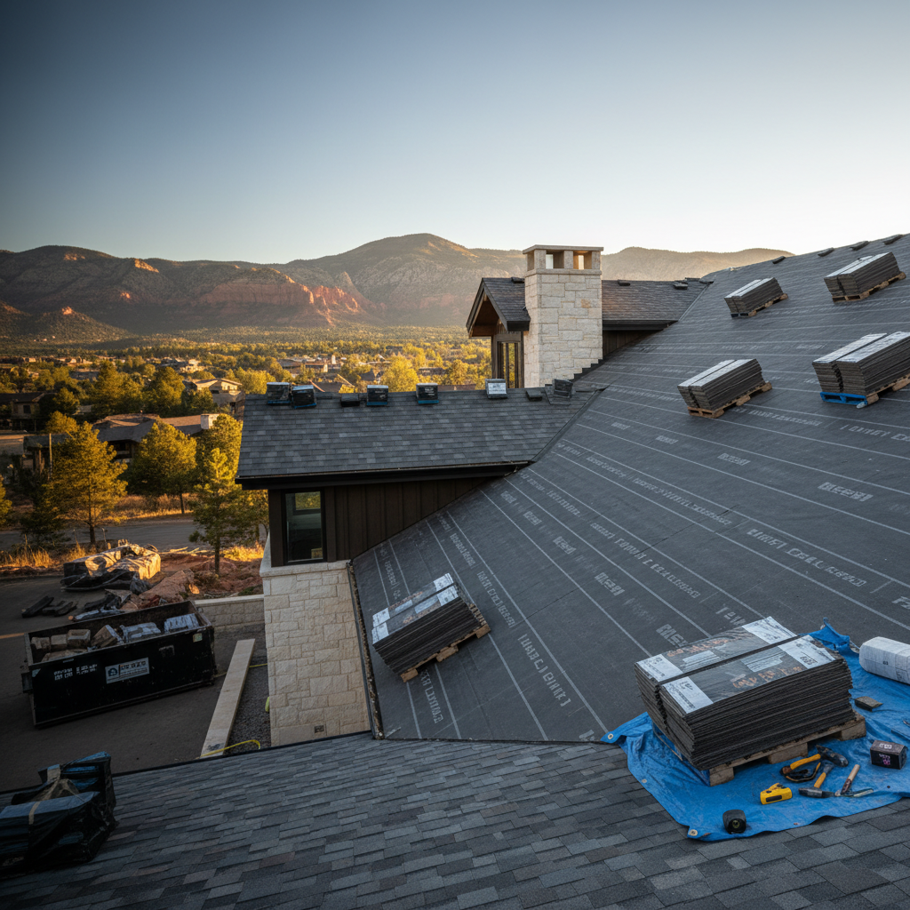Finished Soleo Home asphalt shingle roof replacement with the Wasatch range behind